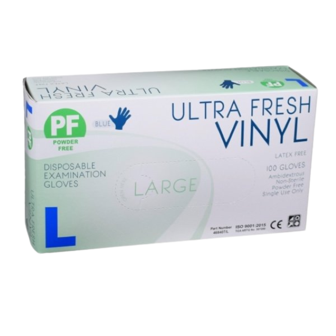 Ultra Fresh Blue Vinyl Powder Free Disposable Gloves – latex-free exam gloves for sensitive skin and daily hygiene use.