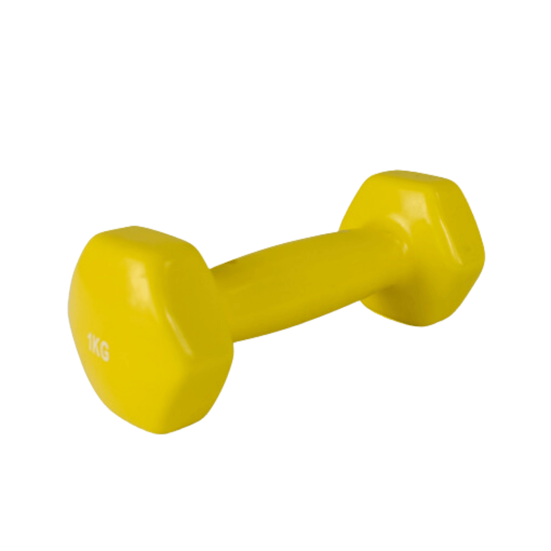 Yellow Weighted Dumbbell 1kg – a durable and ergonomically designed fitness tool for strength training, featuring a non-slip grip and high-quality construction