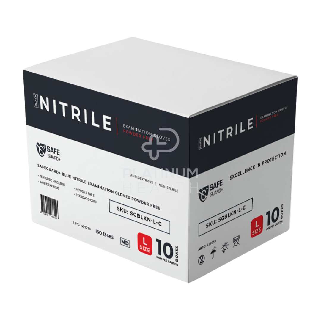 Safeguard + Black Nitrile Examination Gloves 5.5G Powder Free Large / 10 Boxes Per Carton