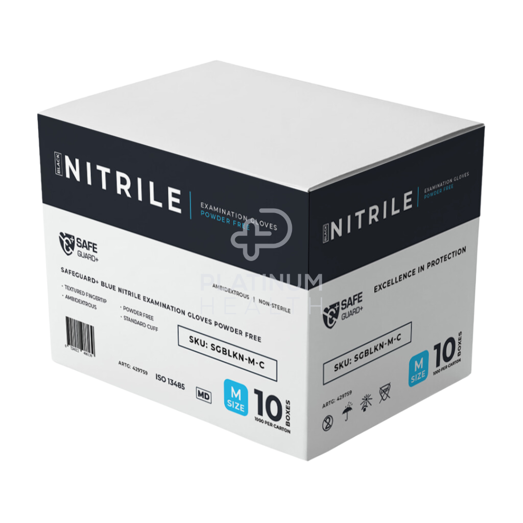Safeguard + Black Nitrile Examination Gloves 5.5G Powder Free Medium / 10 Boxes Per Carton