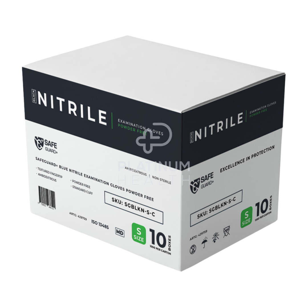 Safeguard + Black Nitrile Examination Gloves 5.5G Powder Free Small / 10 Boxes Per Carton