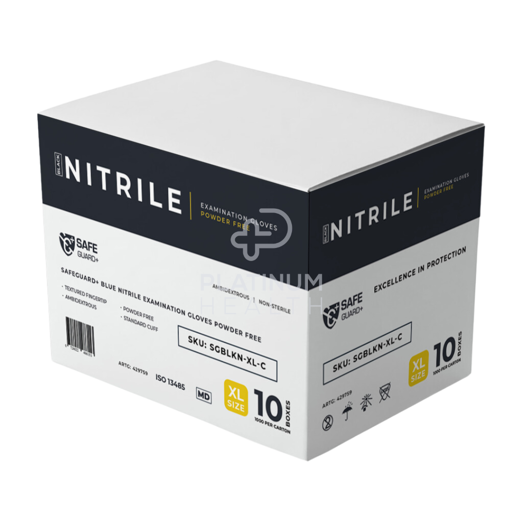 Safeguard + Black Nitrile Examination Gloves 5.5G Powder Free Extra Large / 10 Boxes Per Carton