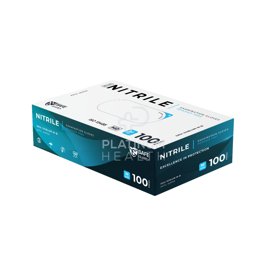 Safeguard + Blue Nitrile Examination Gloves 3.5G Powder Free Medium / 100 Units Per Box