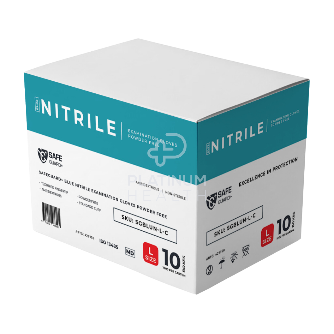 Safeguard + Blue Nitrile Examination Gloves 3.5G Powder Free Large / 10 Boxes Per Carton