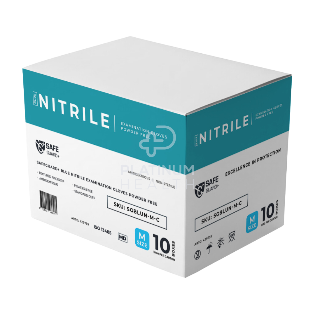 Safeguard + Blue Nitrile Examination Gloves 3.5G Powder Free Medium / 10 Boxes Per Carton