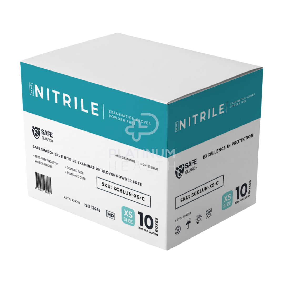 Safeguard + Blue Nitrile Examination Gloves 3.5G Powder Free Extra Small / 10 Boxes Per Carton