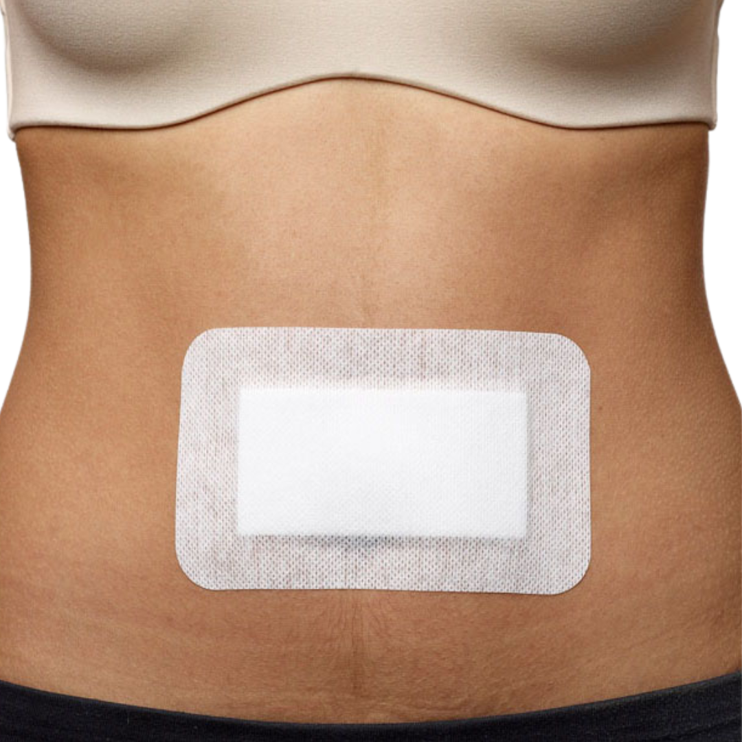 Bodichek non-woven island dressing applied on abdomen, demonstrating coverage and comfort for wound protection.