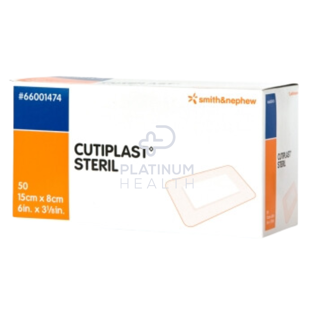 Packaging box of Cutiplast Steril Platinum Health non-woven adhesive island dressing, showing the product details and quantity.