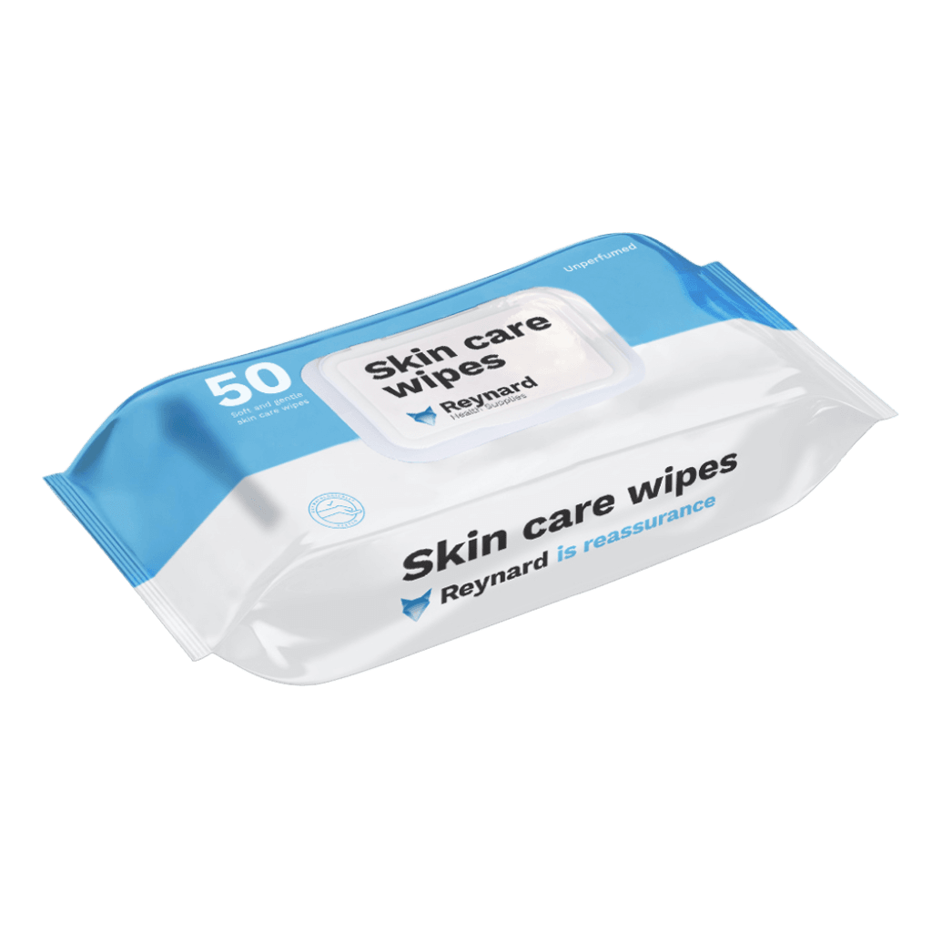 Packaging of Reynard Skin Care Wet Soft Pack Wipes with 50 wipes inside, presented in a re-sealable blue and white plastic bag.