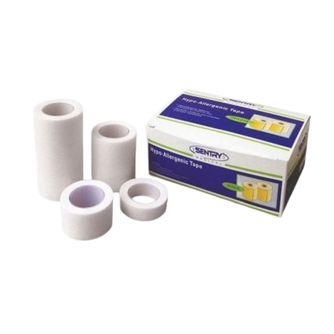 Sentry Medical Hypo-Allergenic Tape rolls in assorted sizes displayed alongside the product box. The tape is white, soft, and designed for gentle adhesion, ideal for sensitive skin and secure dressing fixation.