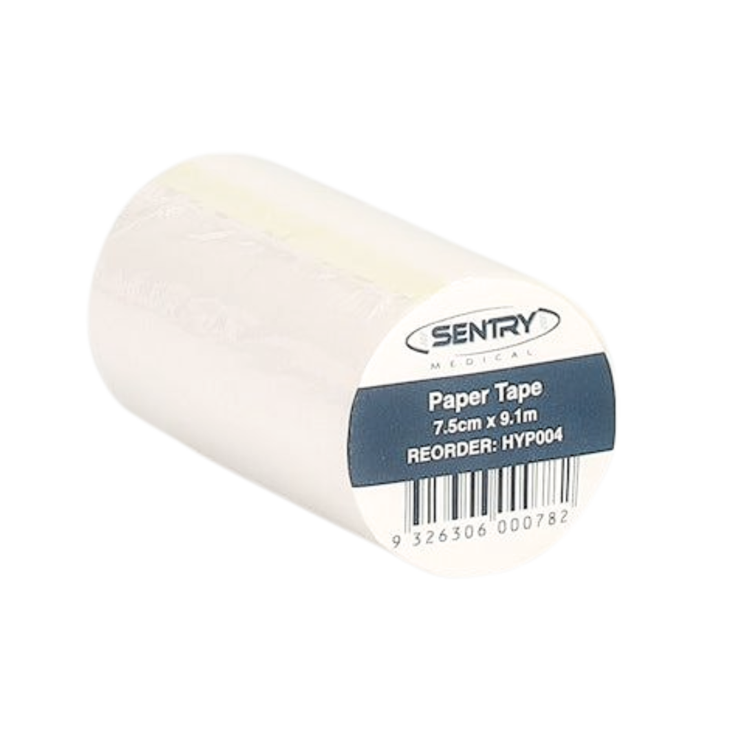 Sentry Medical Paper Tape roll, size 7.5cm x 9.1m, shown with product label and barcode. Designed for gentle adhesion, ideal for securing dressings and medical applications.