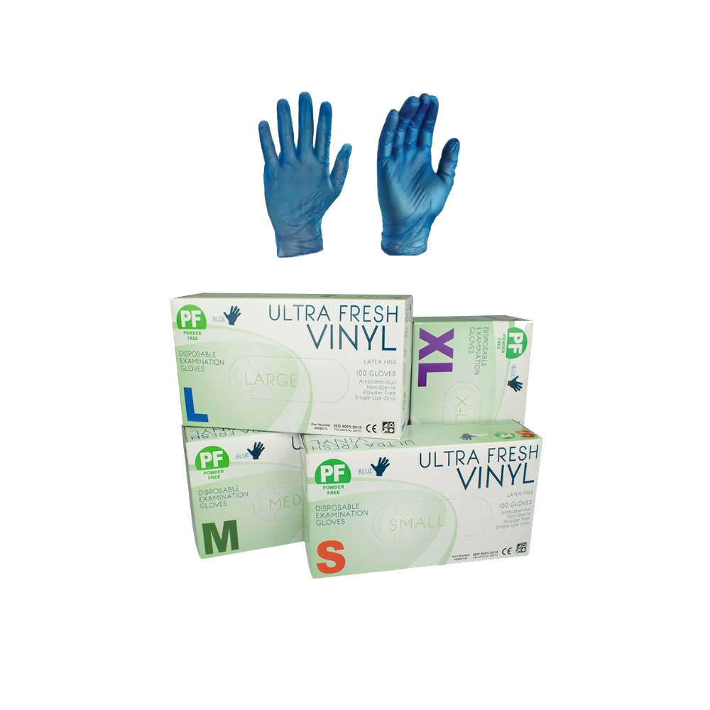 Ultra Fresh Examination Vinyl Blue Powder Free Disposable Gloves