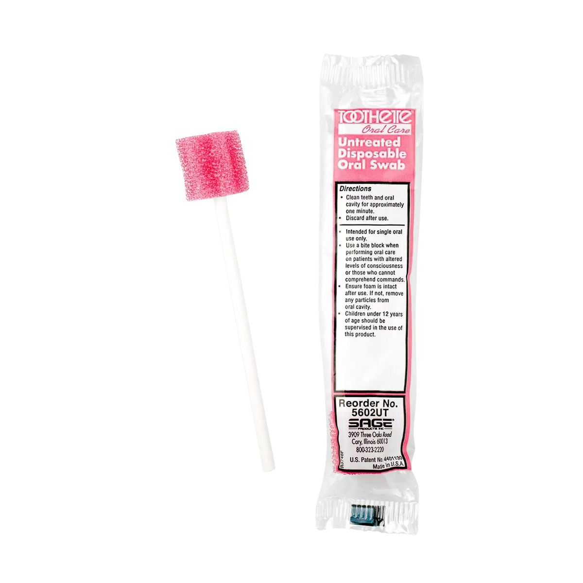 Single paper paper tear-pouch packaging for a BareMed Toothette Untreated Oral Foam Swab showing product branding and details on a transparent background.