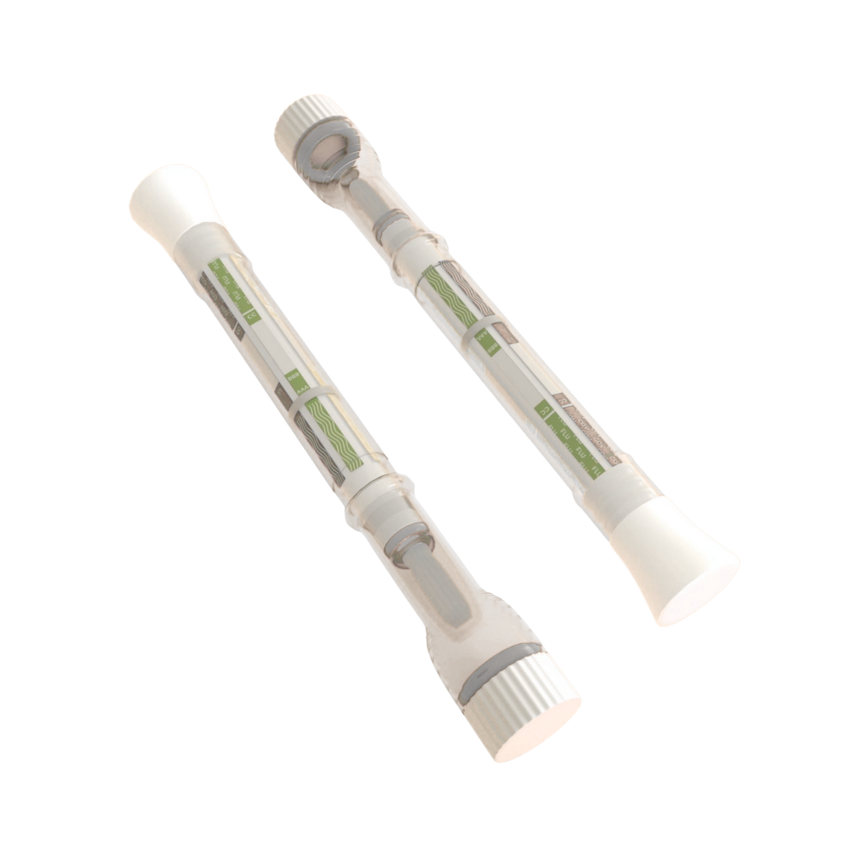 Pair of white 2SAN COVID-19, Influenza A/B, and RSV rapid antigen pen test devices, displaying test window strips and protective caps on a transparent background.