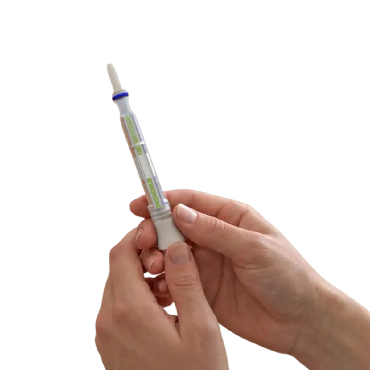 Close-up of hands holding and twisting the cap off a white 2SAN 4-in-1 respiratory rapid antigen pen test device on a transparent background.
