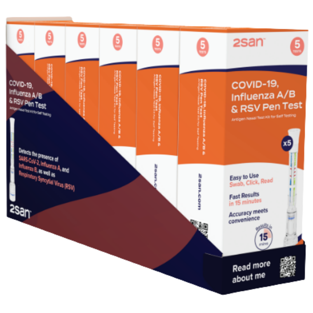 2SAN Covid-19 Influenza A/B & RSV Pen Test 5-pack for rapid detection of multiple respiratory viruses in minutes.