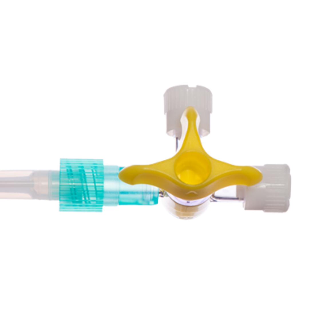 Sterile single-use 3-way stopcock, lipid-resistant material, secure connections, multiple line access for safe and precise IV fluid management.