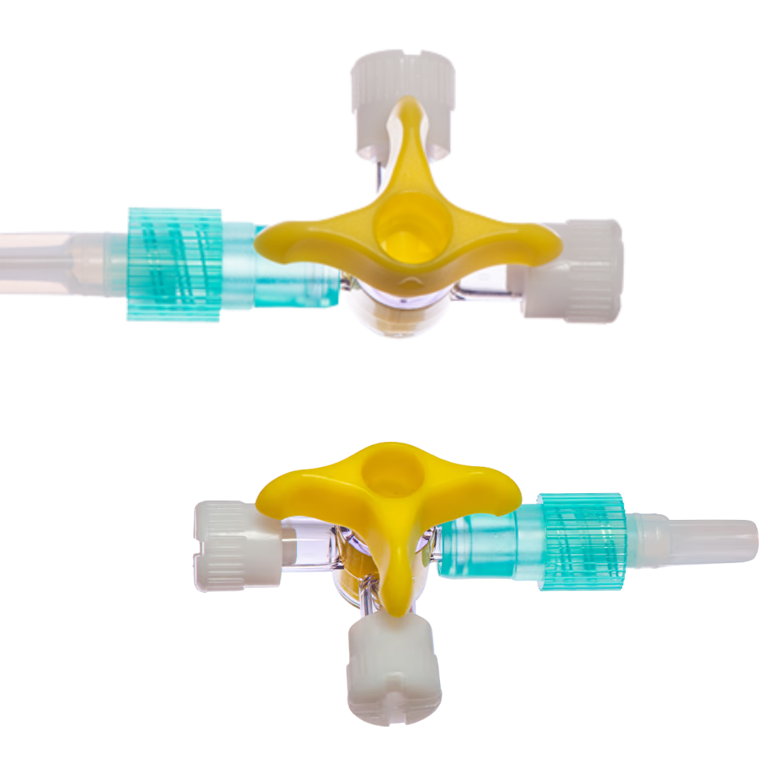 Sterile single-use 3-way stopcock, lipid-resistant material, secure connections, multiple line access for safe and precise IV fluid management.