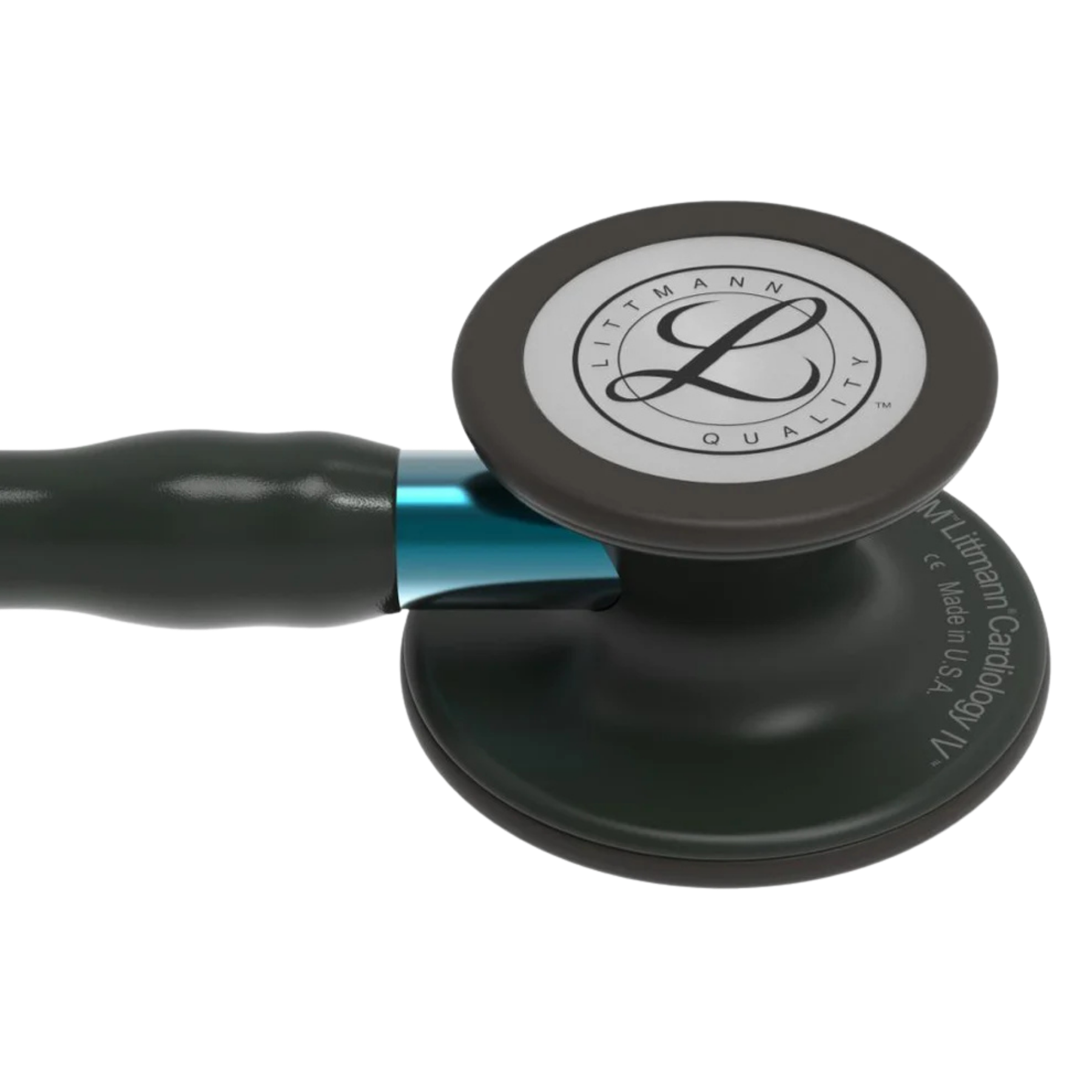 Side view of Littmann cardiology stethoscope showing blue stem tubing and ergonomic design.