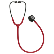 Red stethoscope with black accents on a white background