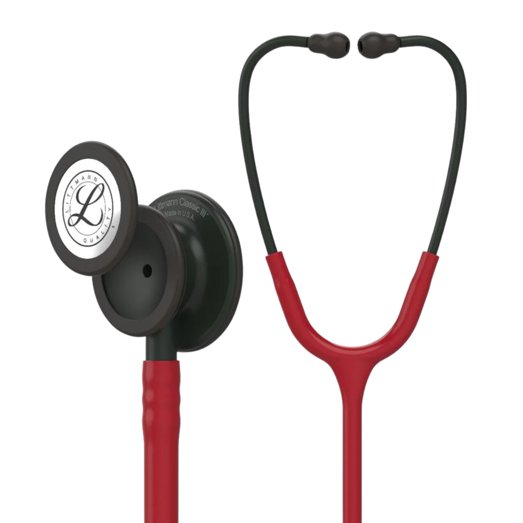 Red and black stethoscope on a white background