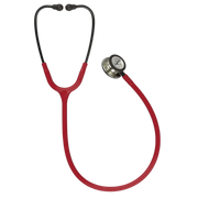 Red stethoscope with black accents on a white background