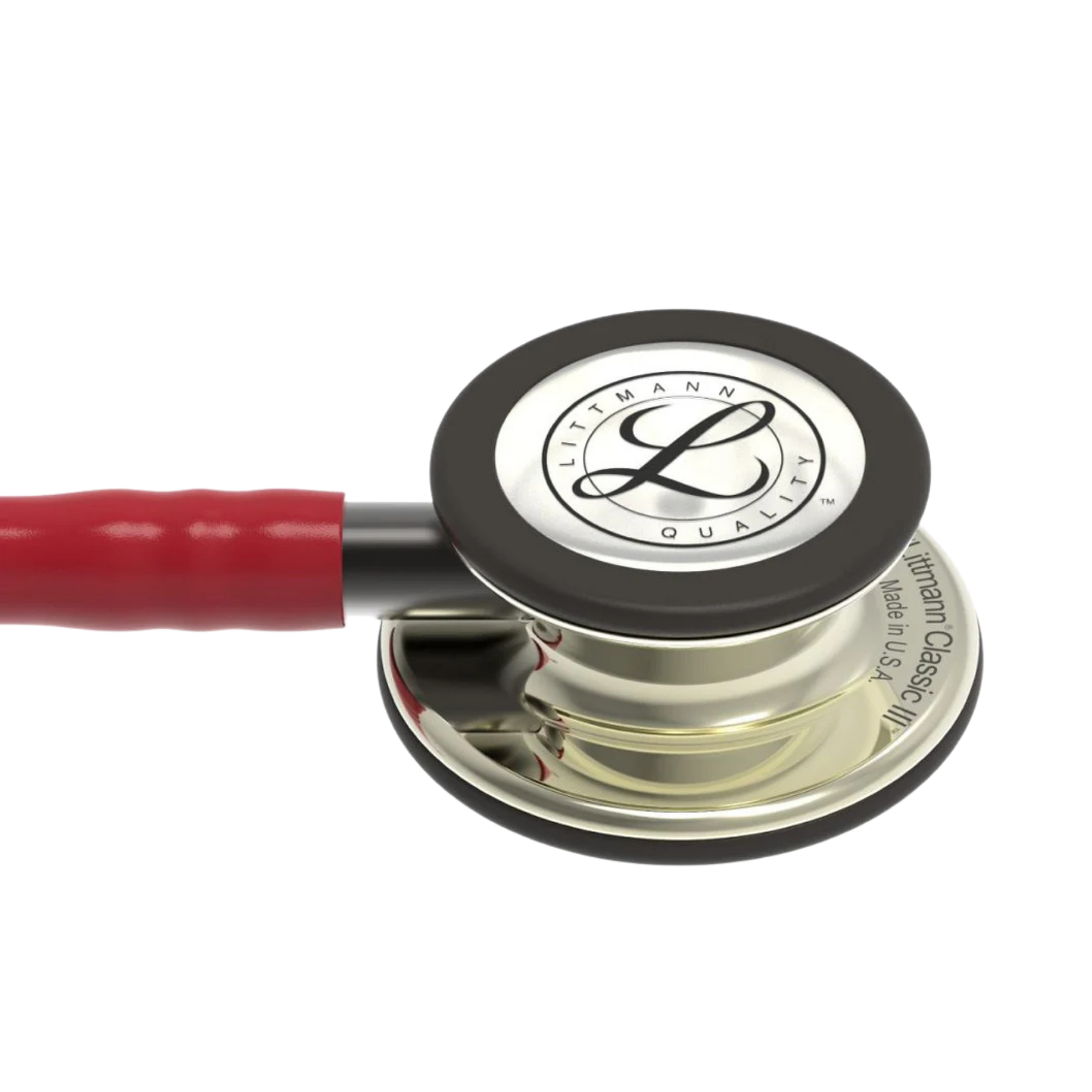 Littmann stethoscope with red tubing on a white background