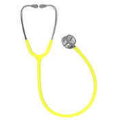 Full view of a 3M Littmann Classic III Monitoring Stethoscope with bright lemon lime yellow tubing and a silver stainless steel chestpiece