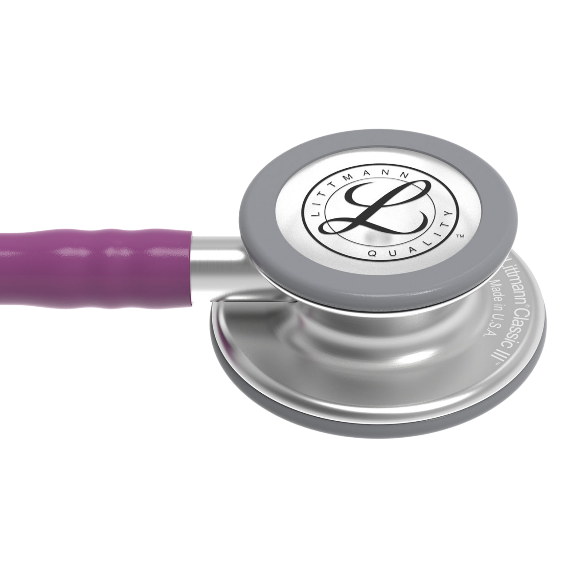 Close-up detail of the 3M Littmann Classic III silver chestpiece with the "L" logo and plum purple tubing connection.