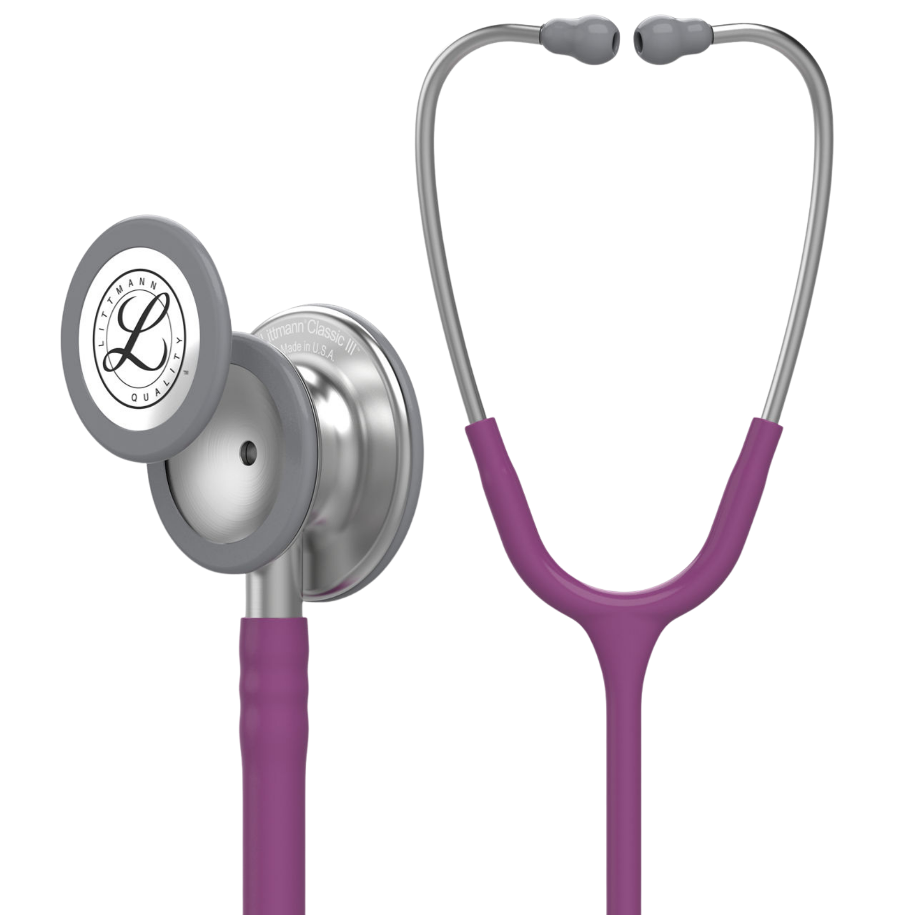Front perspective of a plum purple 3M Littmann Classic III stethoscope showing the dual-sided silver chestpiece and headset layout.