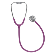 A full-length view of the 3M Littmann Classic III Monitoring Stethoscope featuring plum purple tubing and a silver stainless steel chestpiece.