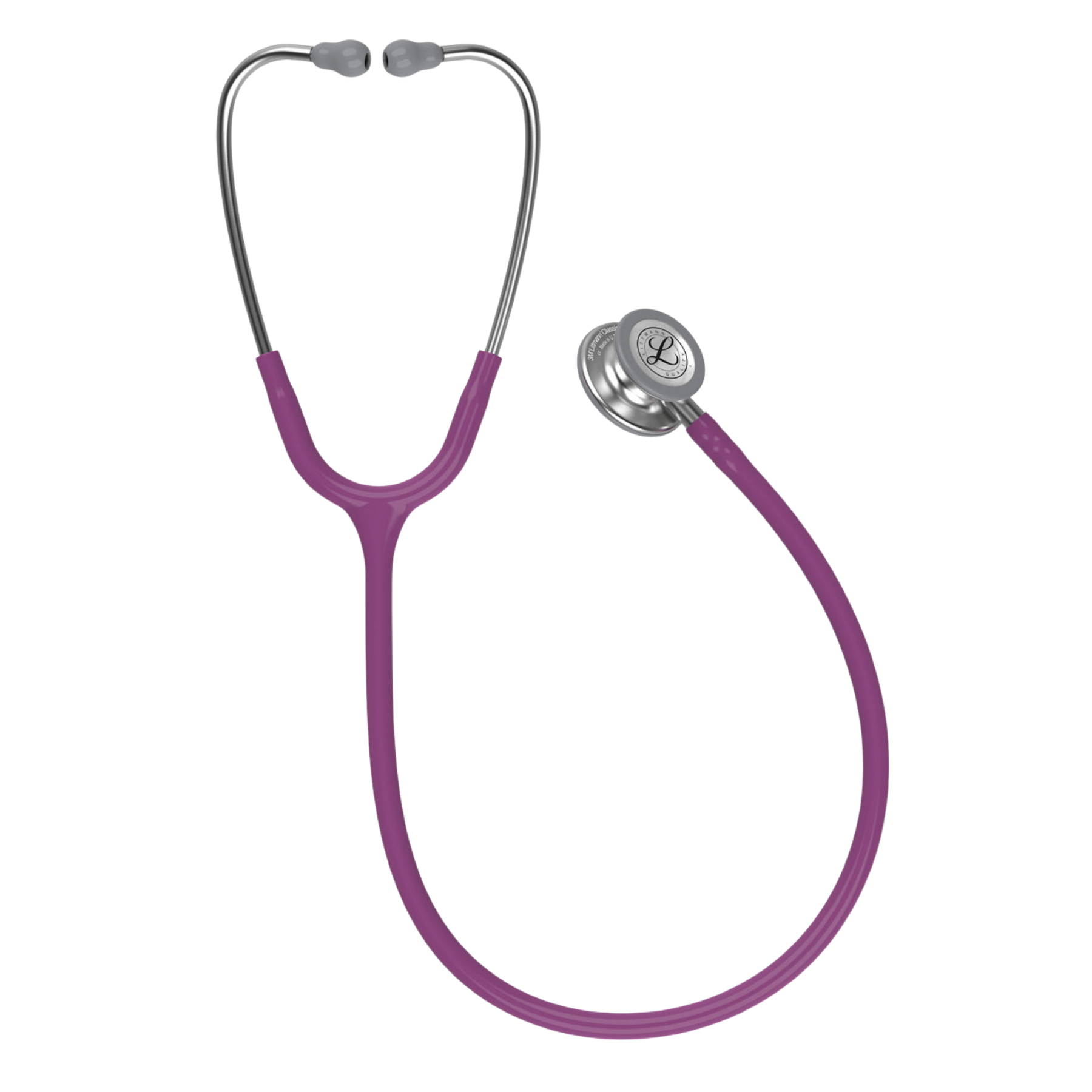 A full-length view of the 3M Littmann Classic III Monitoring Stethoscope featuring plum purple tubing and a silver stainless steel chestpiece.