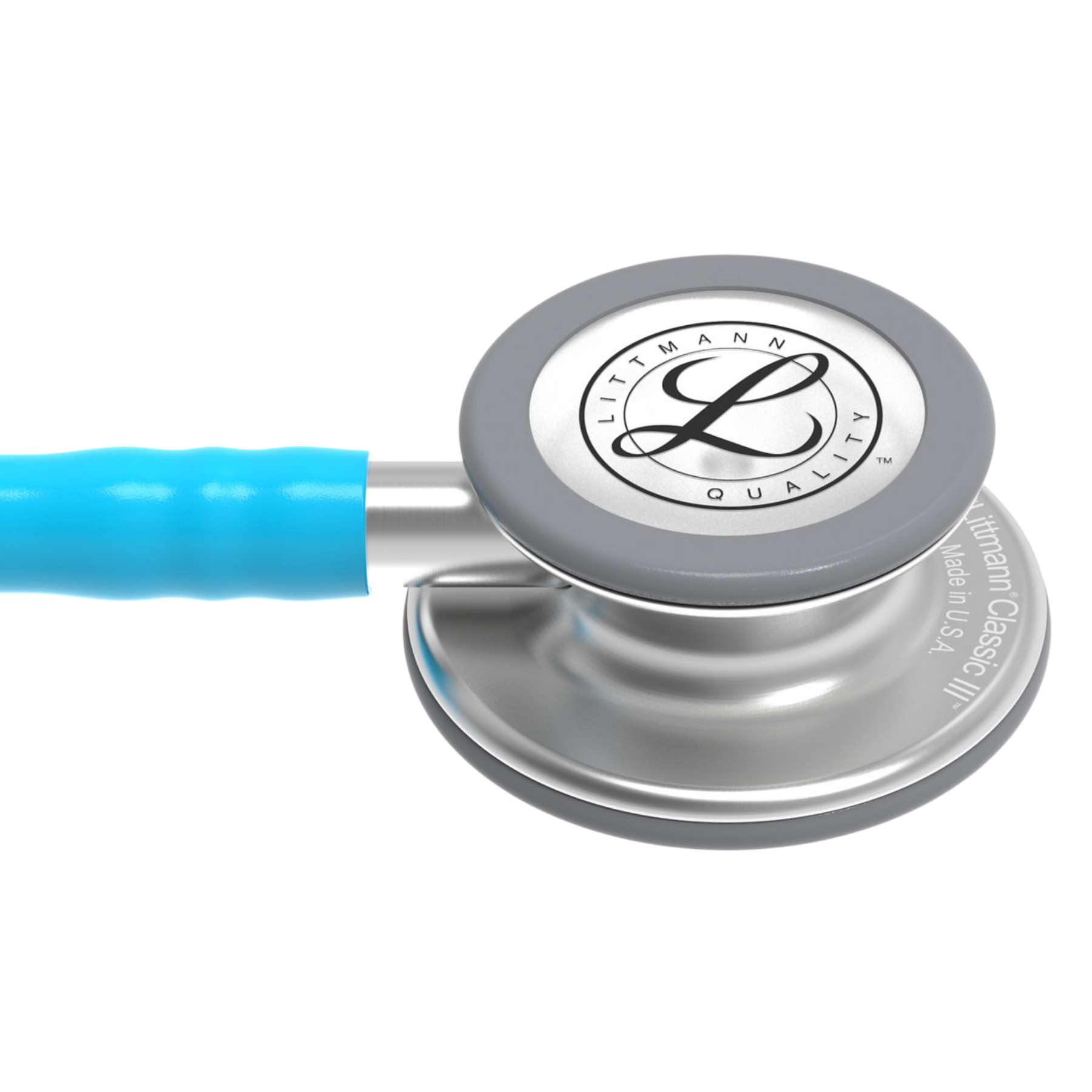 Close-up side detail of the silver stainless steel chestpiece with the Littmann "L" logo and bright turquoise tubing.