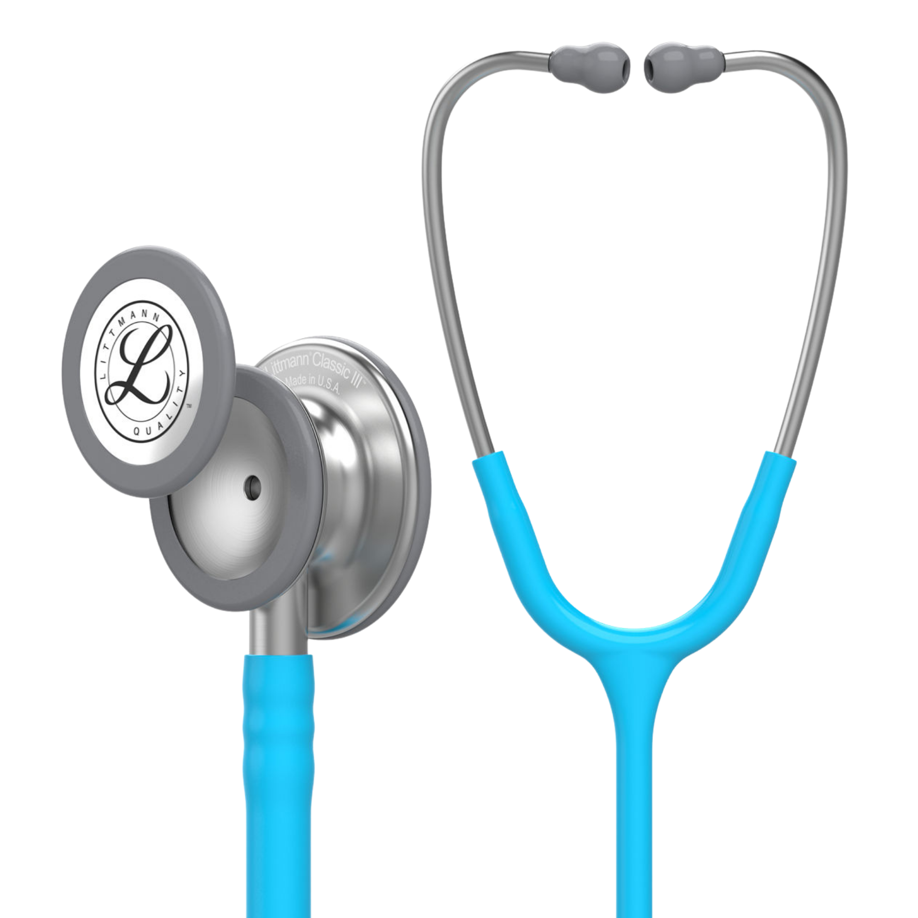 Front perspective of a turquoise 3M Littmann Classic III stethoscope showcasing the dual-sided silver chestpiece and gray ear tips.