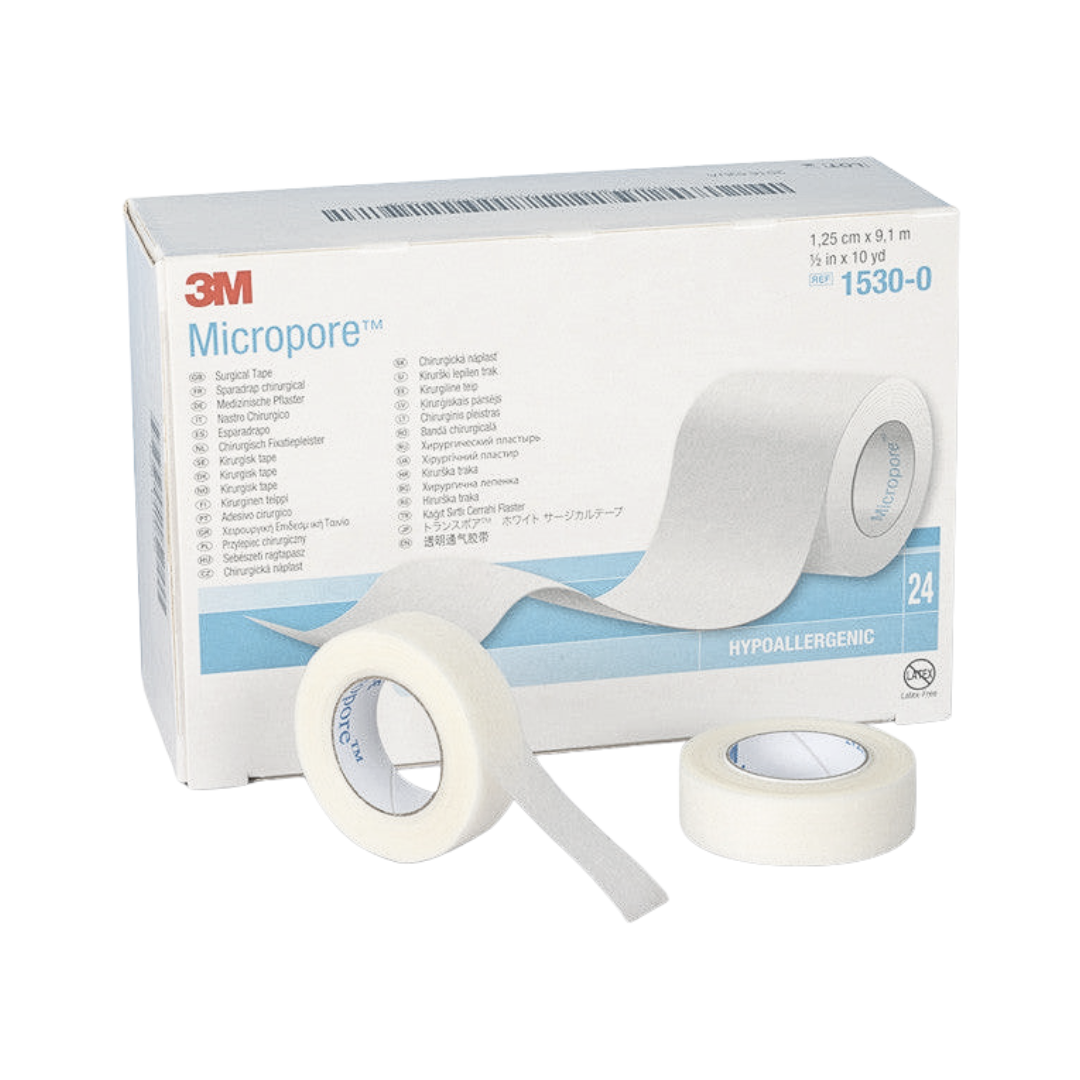 Retail box for 3M Micropore Hypoallergenic surgical tape, showing two rolls of 1/2 inch x 10 yard (REF 1530-0) white tape and product details in multiple languages.