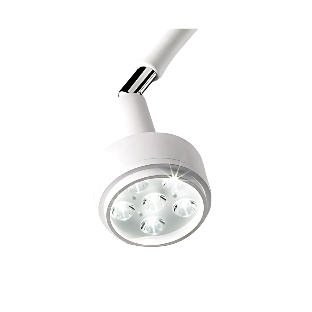 6W LED Examination Light with flexible gooseneck, mobile base, and wall mount – clinical-grade medical lighting in white finish.