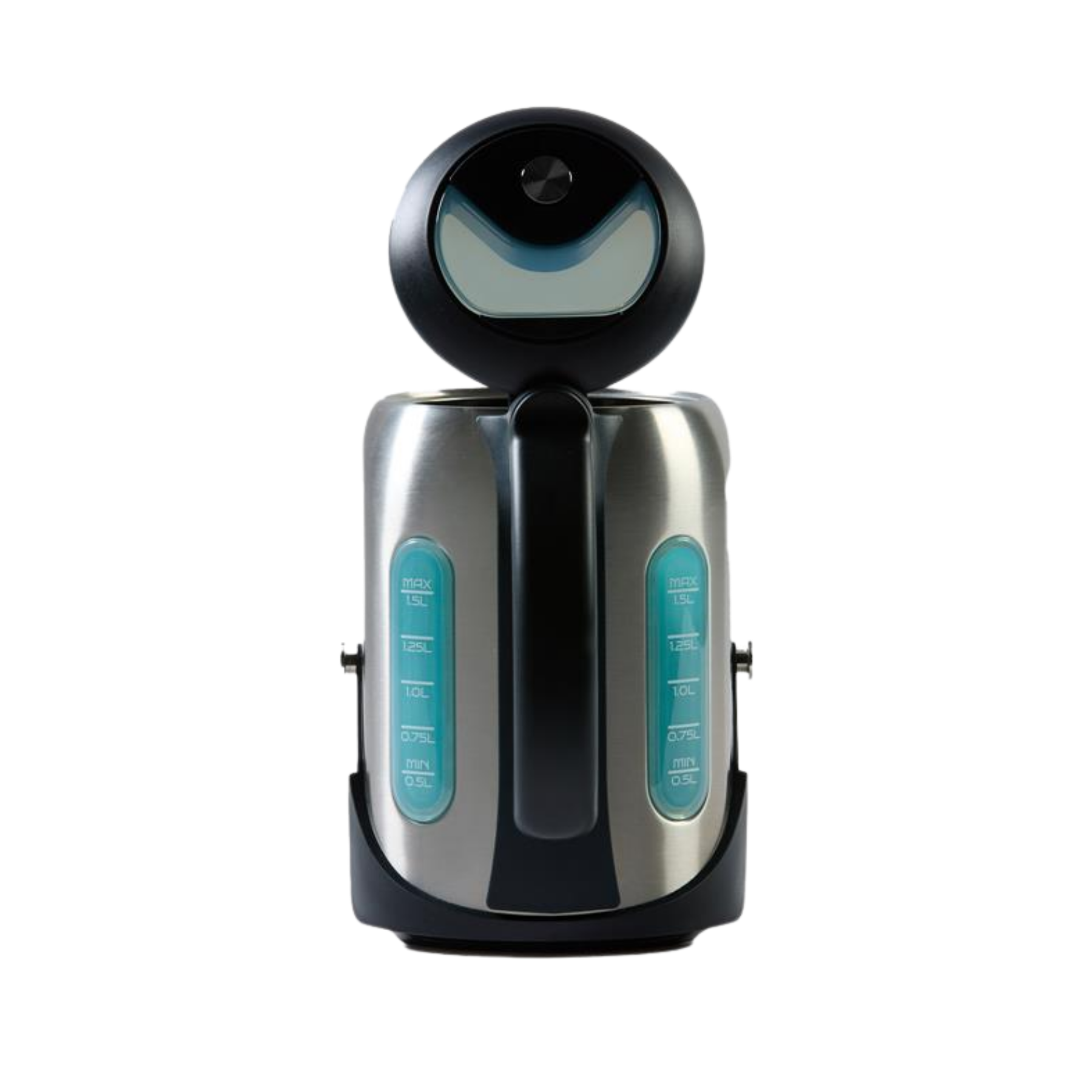 Front view of a brushed stainless steel electric kettle featuring black plastic trim, a top lid handle, and twin turquoise blue water level indicator windows.