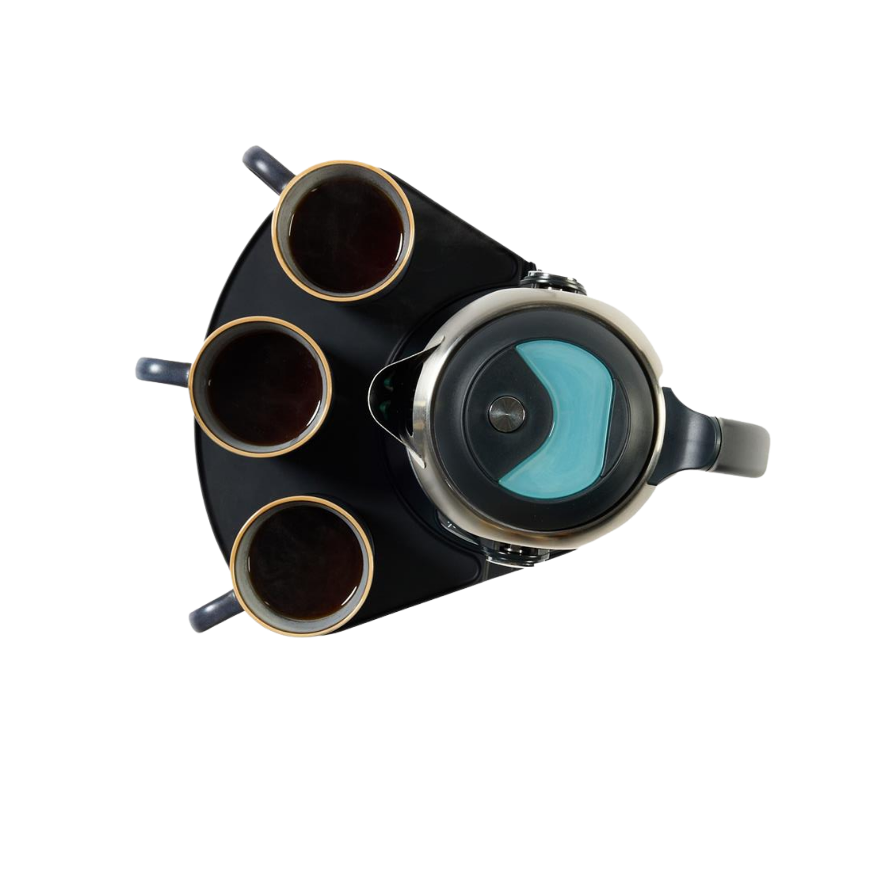 Overhead view showing the top lid, handle, and turquoise water level indicator of a stainless steel electric kettle seated securely inside the black ADL Kitchen Gilia Cordless Kettle Tipper.