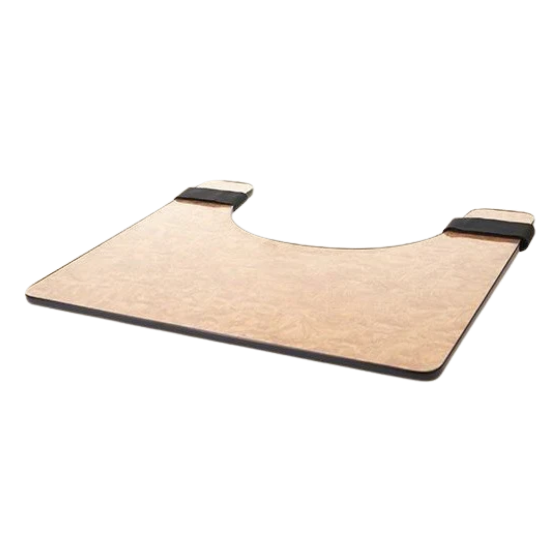 Universal wheelchair tray with 600mm width, 335mm inside length, 560mm outside length, and 1.5kg weight for meals, reading, and daily activities.