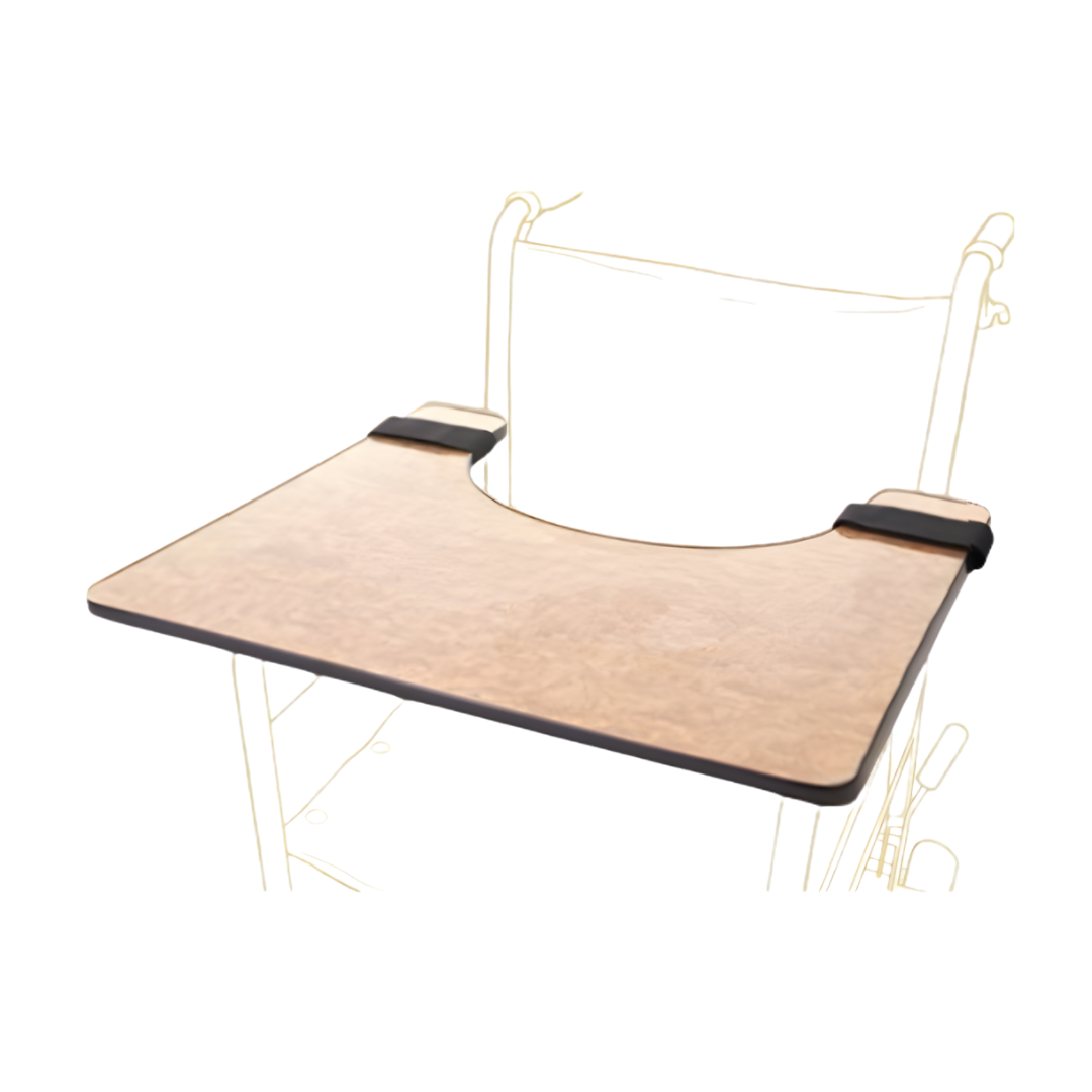 Universal wheelchair tray with 600mm width, 335mm inside length, 560mm outside length, and 1.5kg weight for meals, reading, and daily activities.