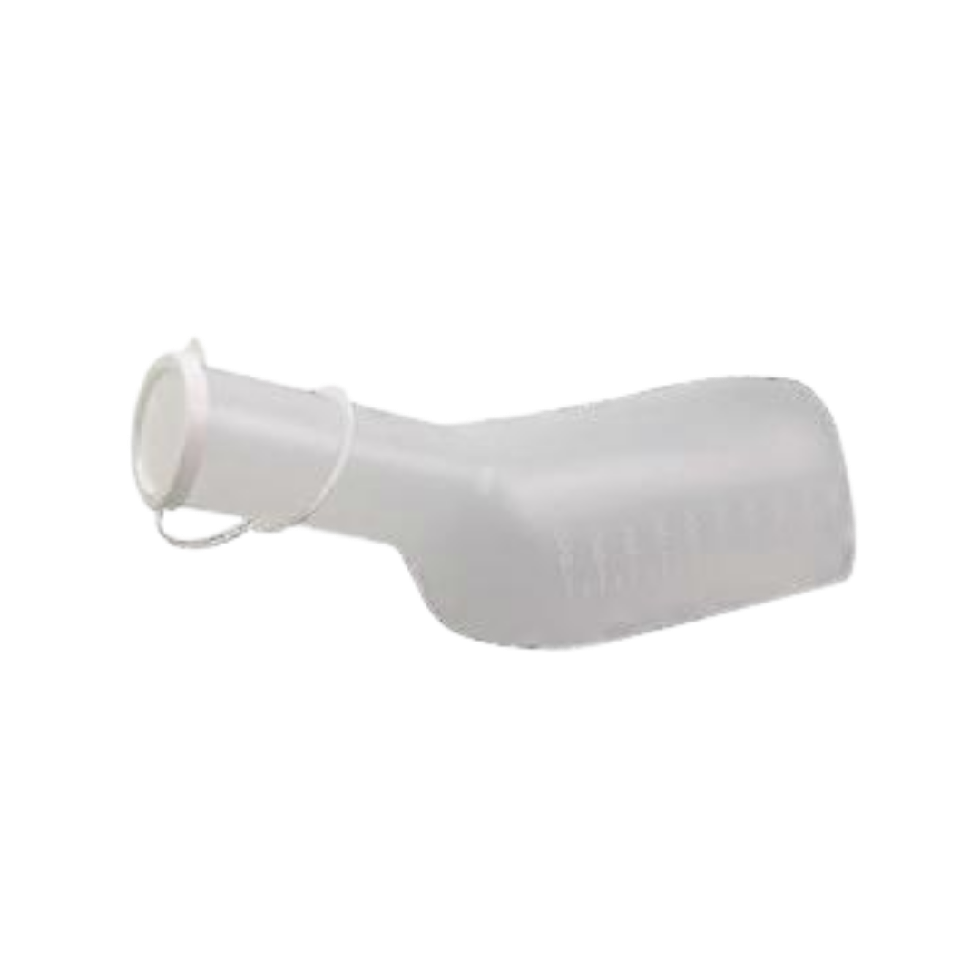 Durable ADL Hygiene male urinal with secure lid, 1L capacity, lightweight design for bedside use, supports hygiene and spill prevention in daily care.
