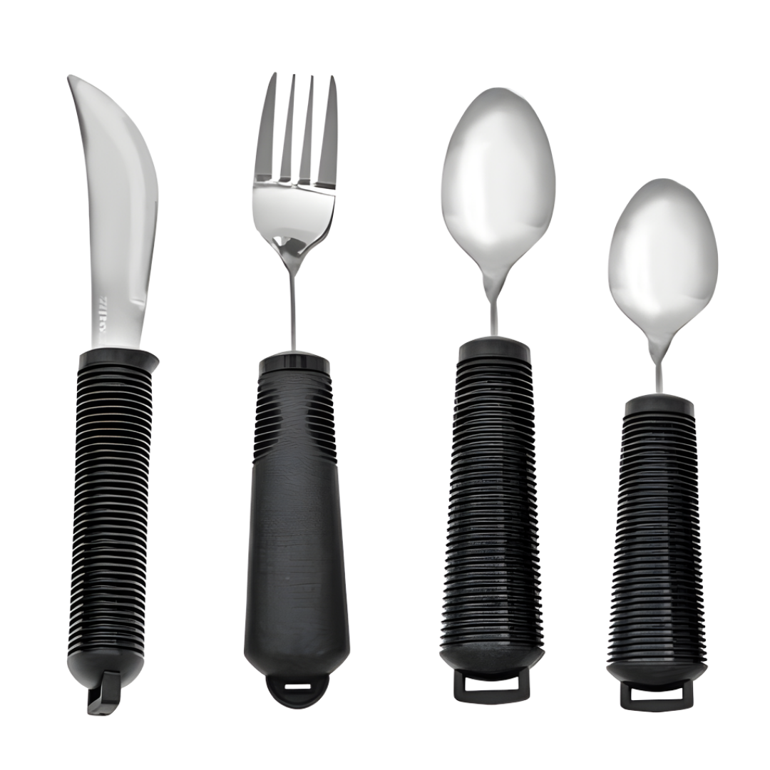 Bendable cutlery set of four with SuperGrip handles, designed for flexible dining support and independence for users with limited mobility or arthritis.
