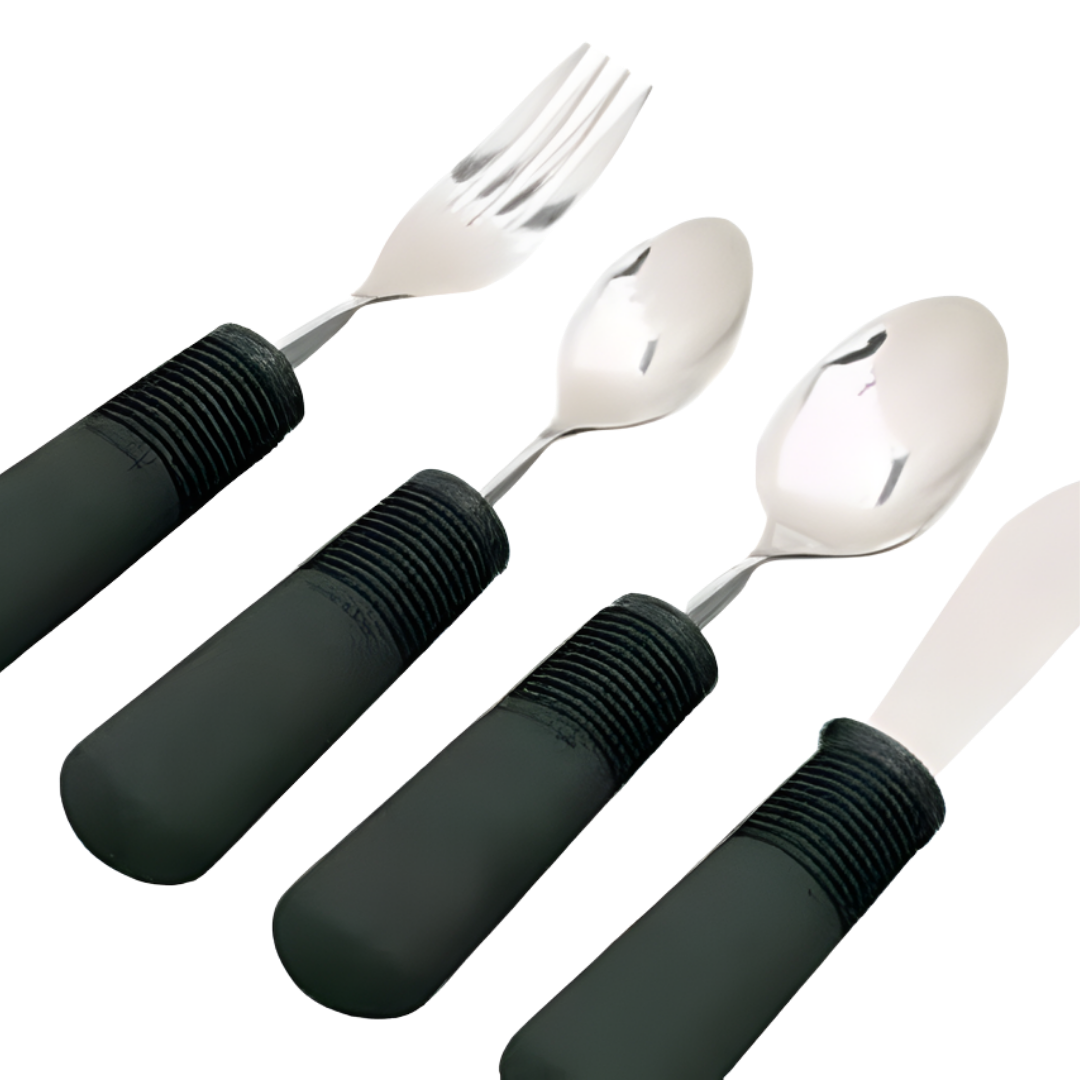 Bendable cutlery set of four with SuperGrip handles, designed for flexible dining support and independence for users with limited mobility or arthritis.