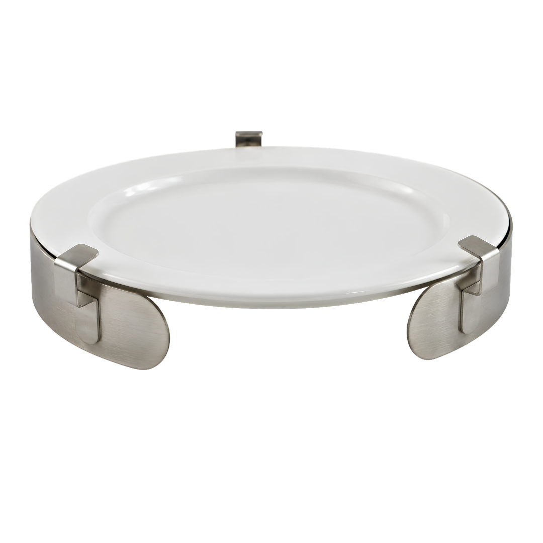 ADL Kitchen stainless steel plate surround, durable dining aid with raised edge to assist individuals with limited dexterity or mobility, supports independent eating.