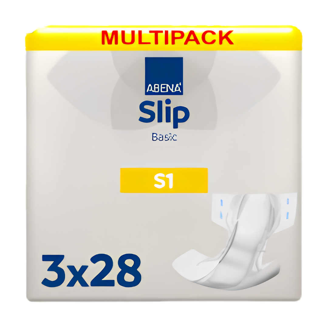 Absorbent Abena Slip Basic S1 Yellow brief providing 1500mL protection with secure tabs and breathable comfort for light to moderate continence needs.