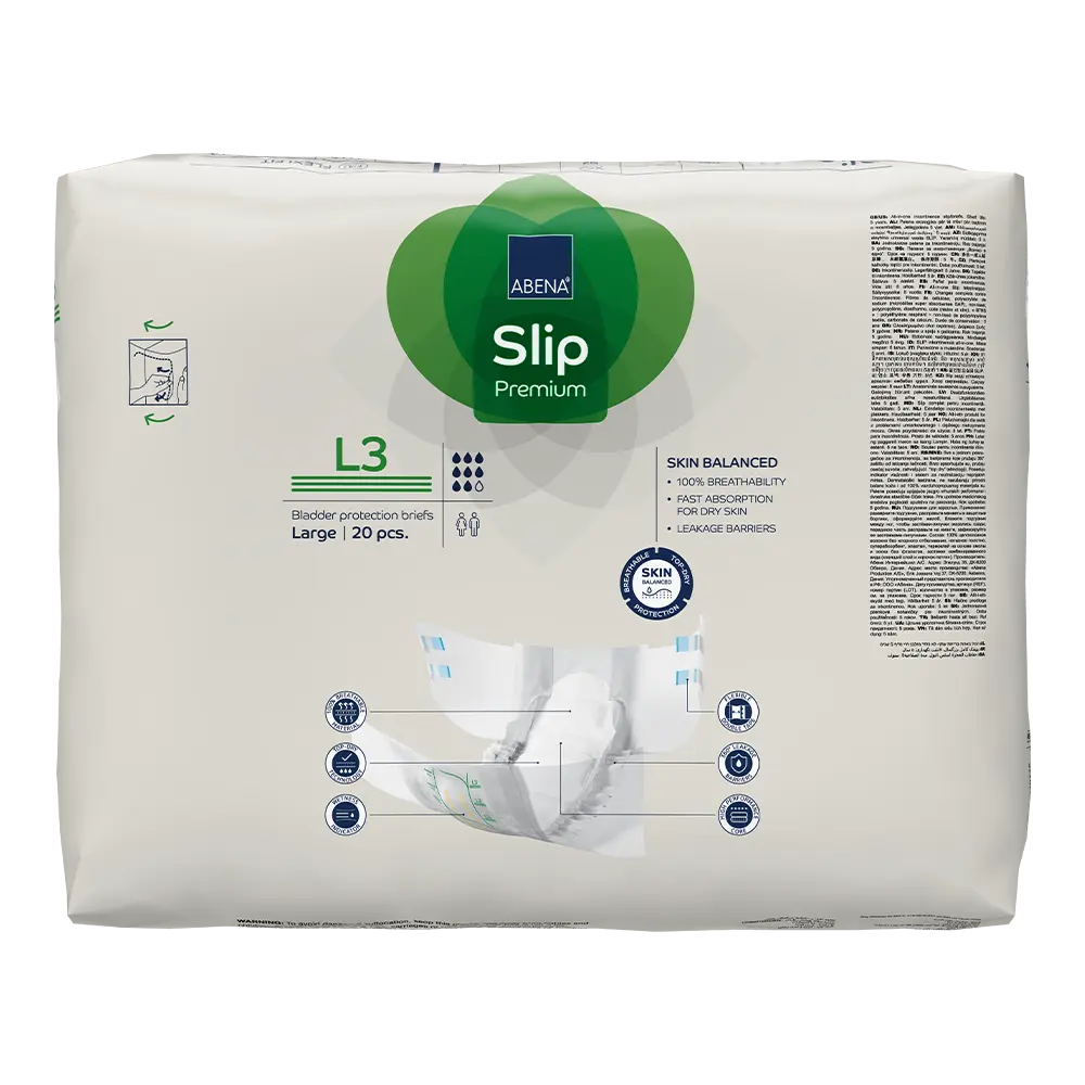 Pack of Abena Slip Premium large adult diapers on a white background