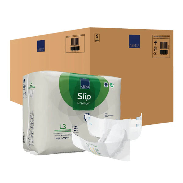 Packaging of Absena Slip Premium adult diaper with a cardboard box in the background