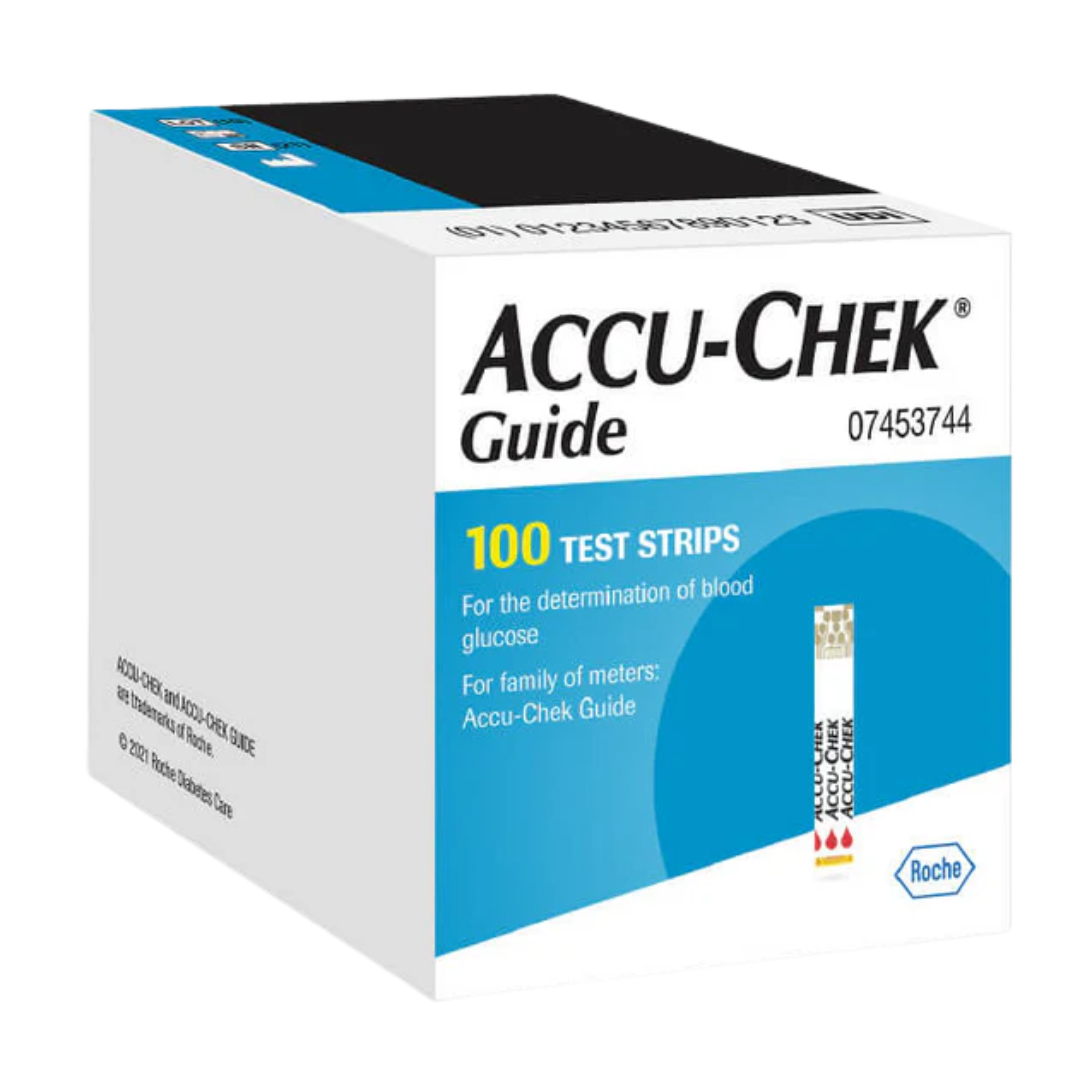 Box of Accu-Chek Guide 100 Test Strips for blood glucose monitoring, compatible with Guide meters.