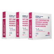 ActivHeal Silicone Foam Border dressing shown flat in 7.5cm, 10cm, and 12.5cm sizes, featuring soft silicone adhesion and absorbent foam for gentle wound protection.