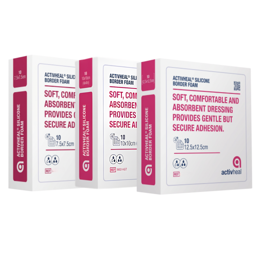 ActivHeal Silicone Foam Border dressing shown flat in 7.5cm, 10cm, and 12.5cm sizes, featuring soft silicone adhesion and absorbent foam for gentle wound protection.